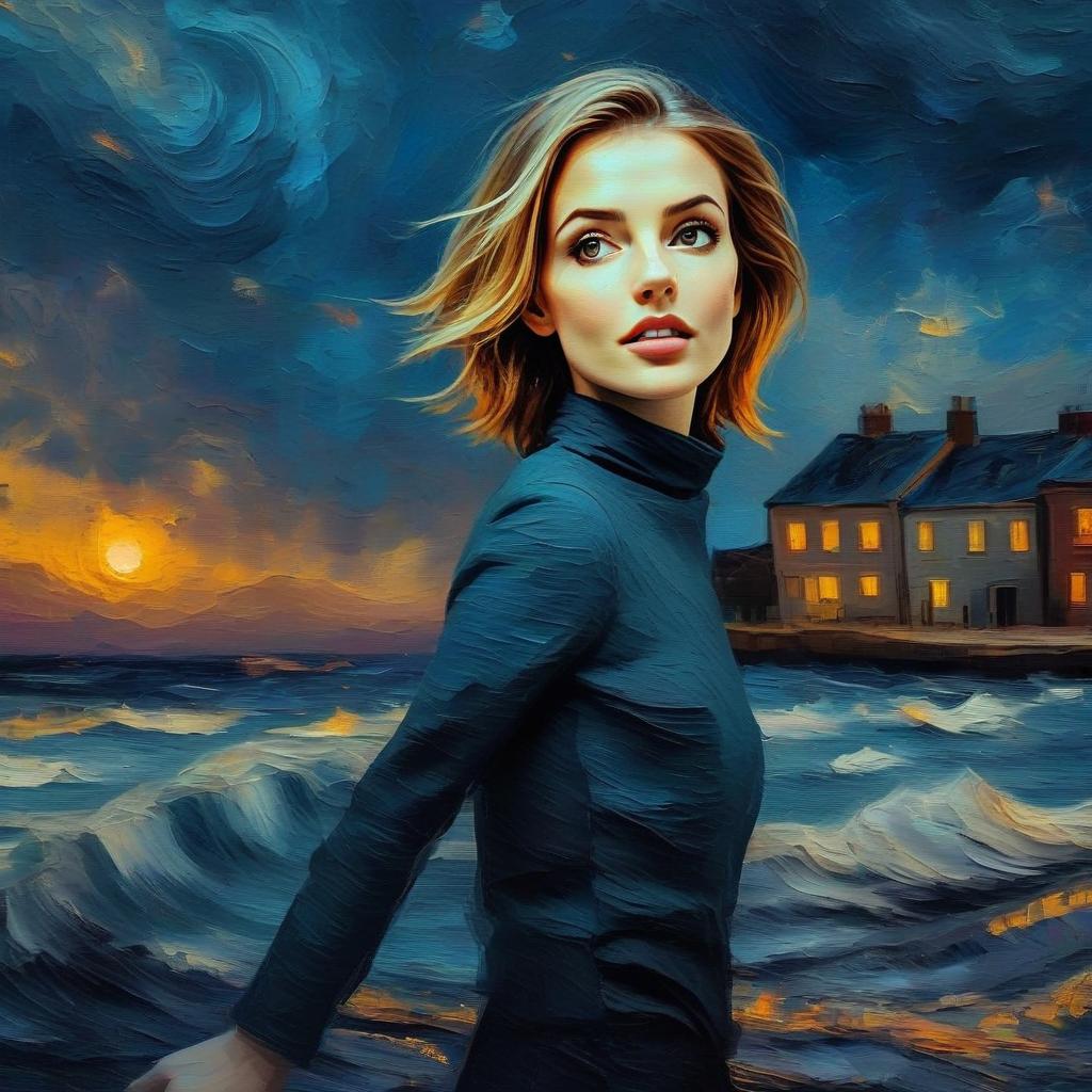 Woman by Turbulent Sea at Sunset