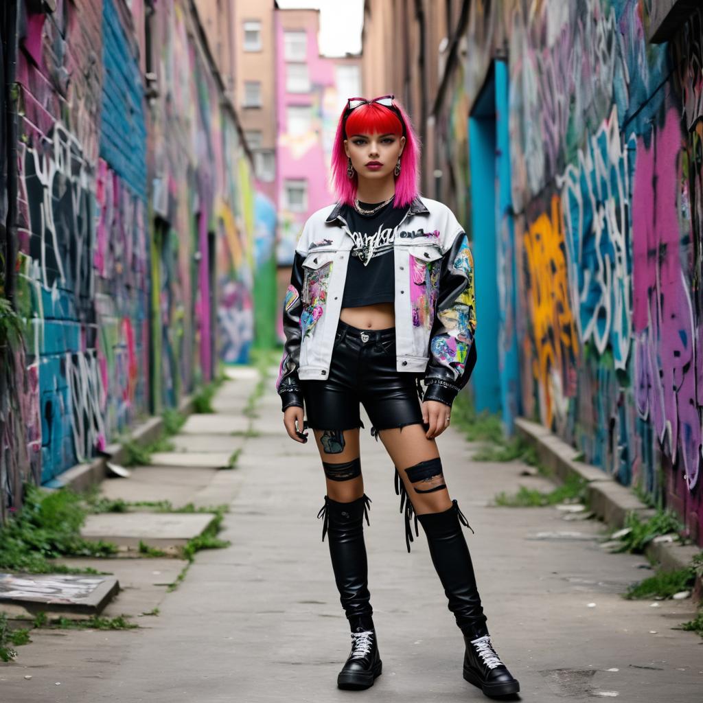 Stylish Woman with Pink Hair in Urban Art Scene