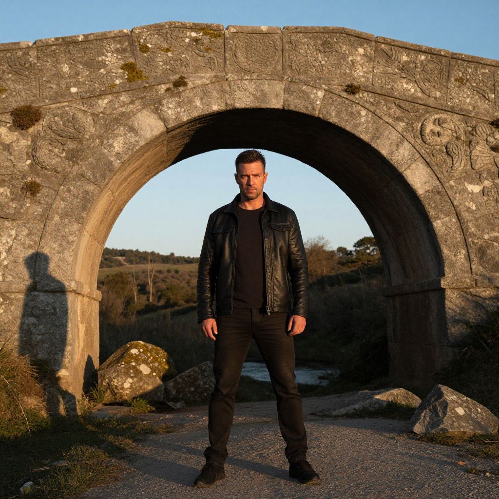 Man Standing Under Stone Arch Bridge in Leather Jacket