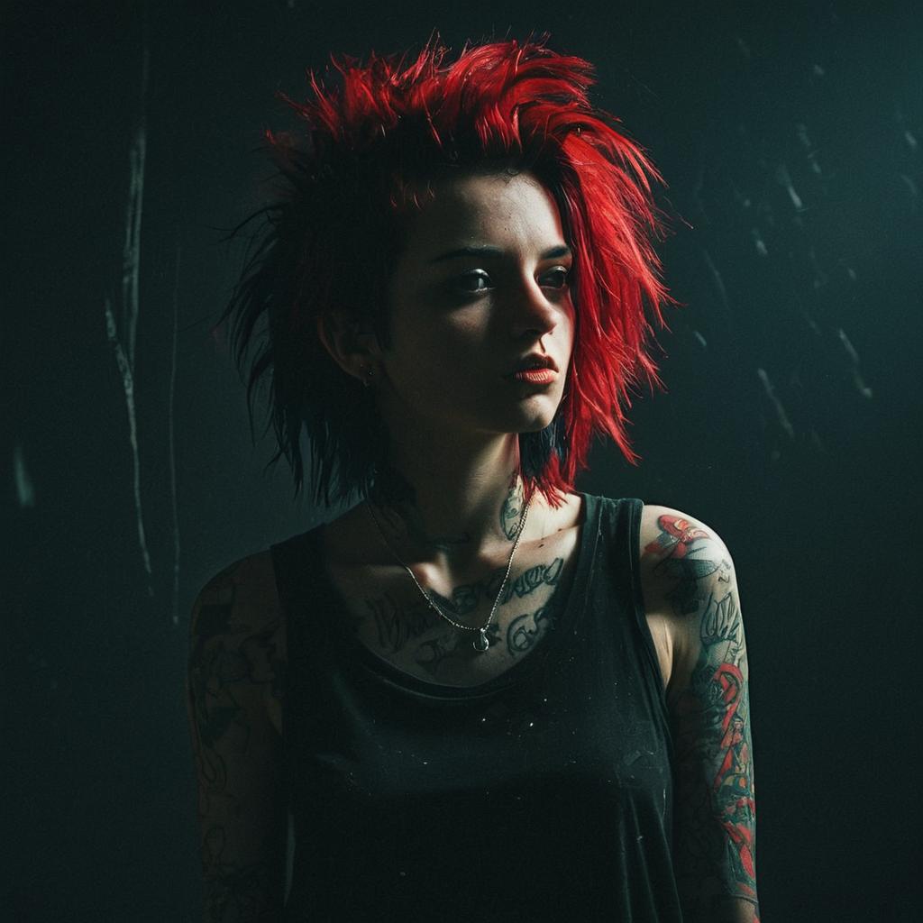 Edgy Woman with Red Spiked Hair and Tattoos in Dark Portrait