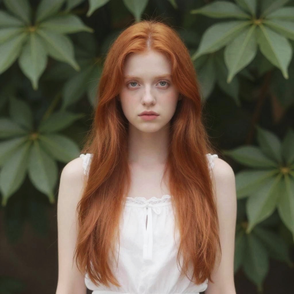 Portrait of Red-Haired Gen Z Woman in White Top with Green Leaves Background
