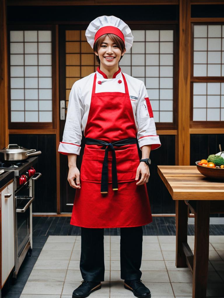Young Chef in Red Apron Standing in Traditional Japanese Kitchen