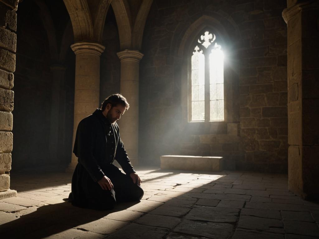 Contemplative Man in Sunlit Gothic Chamber