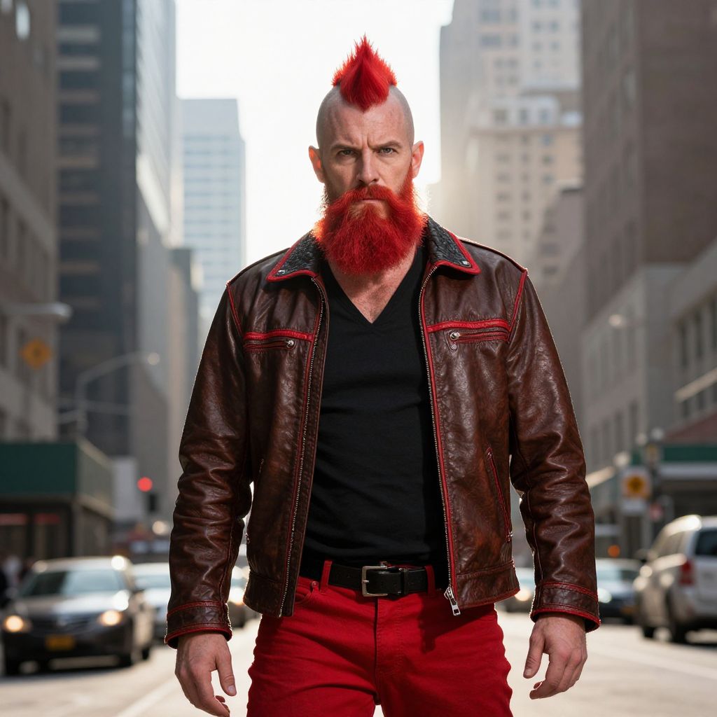 Man with Red Mohawk and Beard in Brown Leather Jacket on City Street
