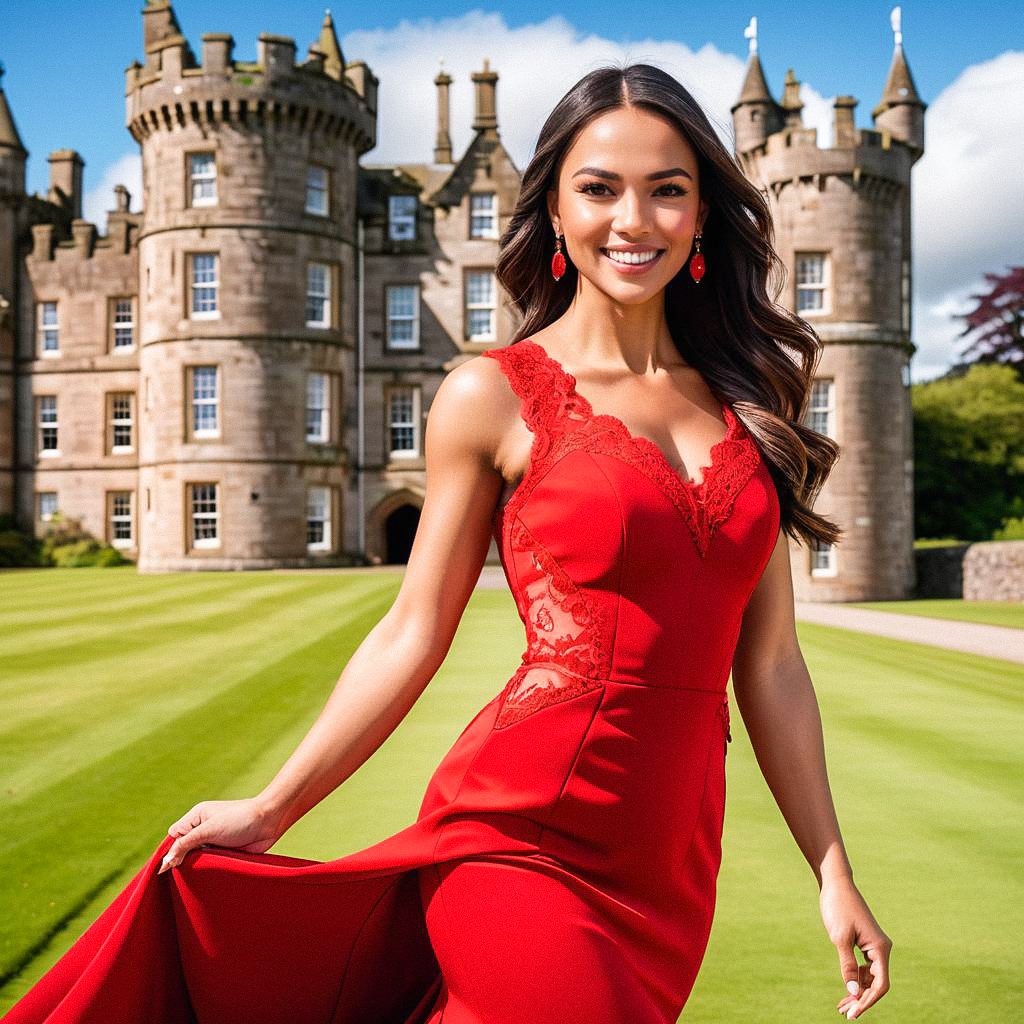 Elegant Woman in Red Gown at Castle Elegant Woman in Red Gown at Castle