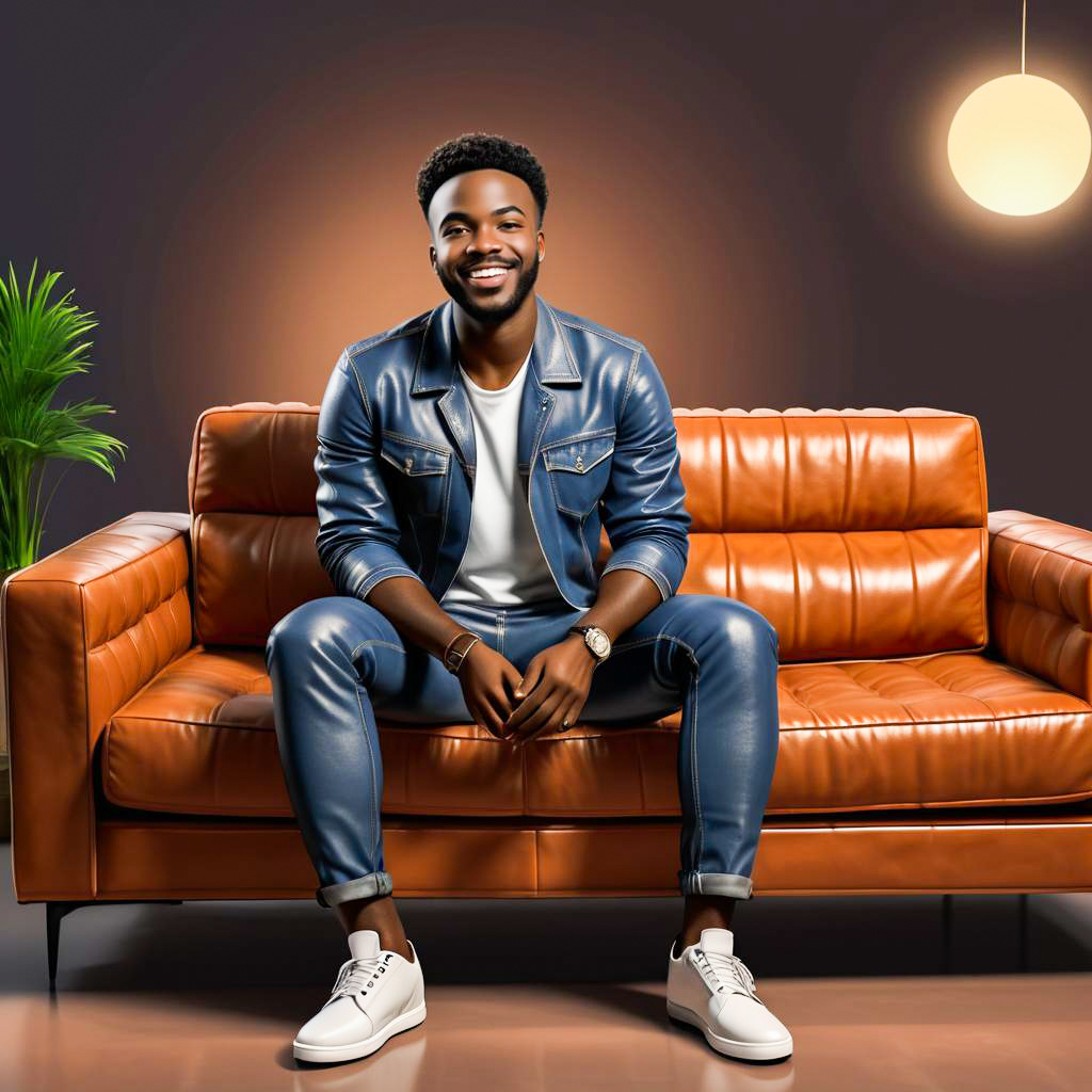 Stylish Man on Leather Sofa in Denim Outfit