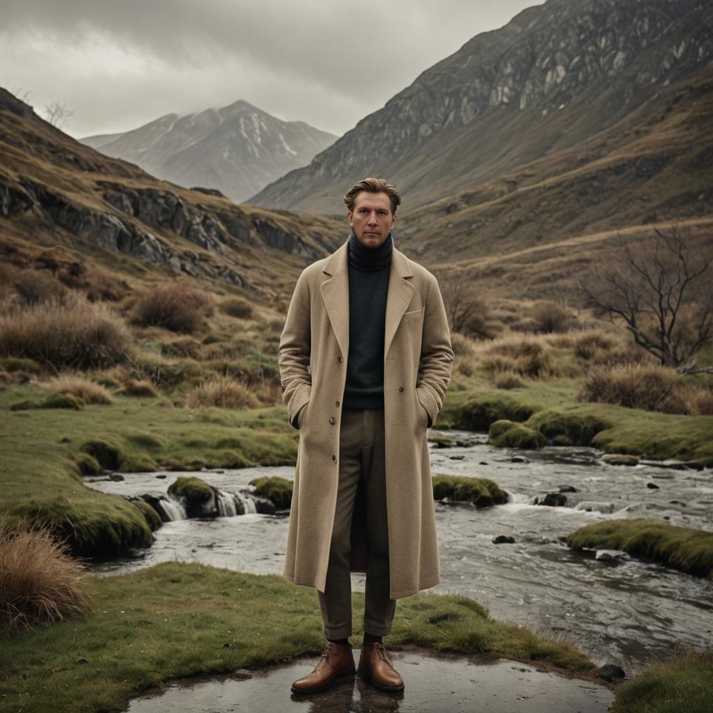 Confident Man in Nature with Stream and Mountains