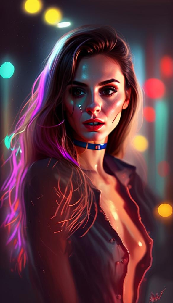 Neon Cyberpunk Digital Portrait of Woman with Vibrant Hair Lighting