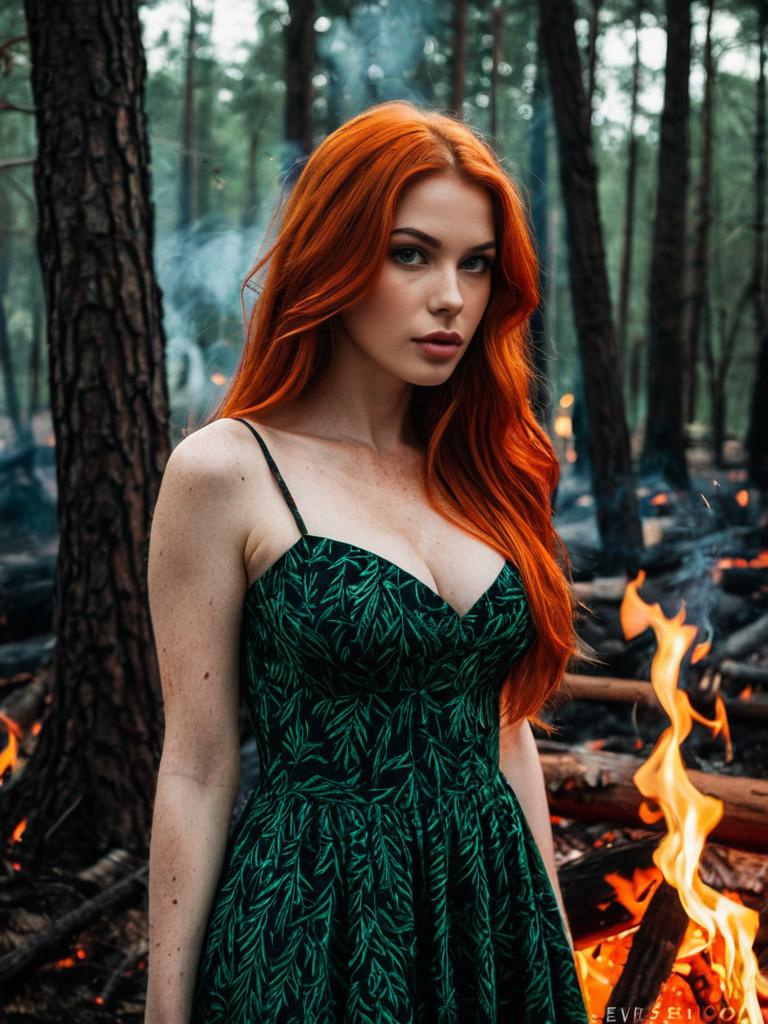 Red-Haired Woman in Green Dress Amid Forest Fires