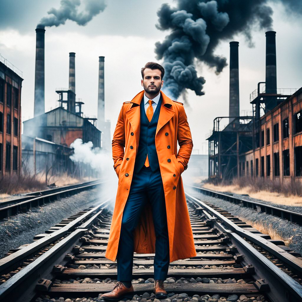 Confident Man in Orange Trench Coat on Railway Tracks
