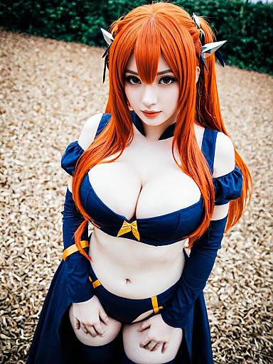 Amou Kanade Cosplay in Detailed Orange Hair and Blue Outfit