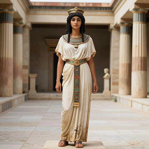 Woman in Ancient Egyptian Costume Standing in Historic Temple Corridor