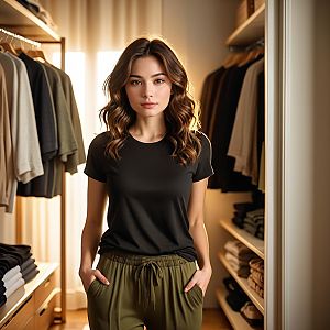 Young Woman in Casual Outfit Standing in Stylish Walk-In Closet