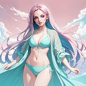 Anime Woman with Pink Hair in Turquoise Bikini