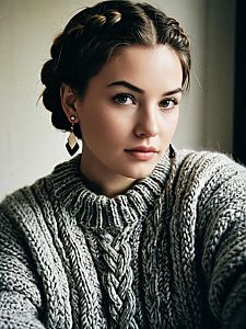 Young Woman in Cozy Gray Knitted Sweater with Braided Hair