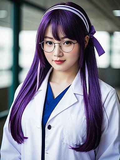 Woman with Long Purple Hair in White Lab Coat and Glasses
