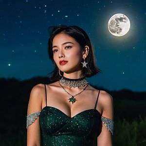 Confident Woman in Green Dress Under Full Moon