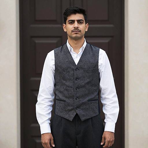 Traditional Waistcoat Man in a Vest and White Shirt Standing in Front of Wooden Door
