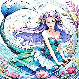 Vibrant Mermaid Illustration with Purple Hair and Pink Lotuses