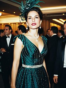 Elegant Woman in Glamorous Emerald Gala Outfit with Feathered Headpiece