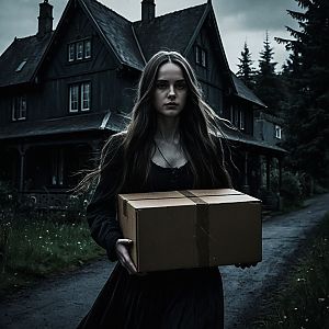 Woman with Box Near Eerie House