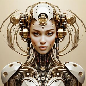 Futuristic Woman with Cybernetic Biomechanical Design in Gold and White