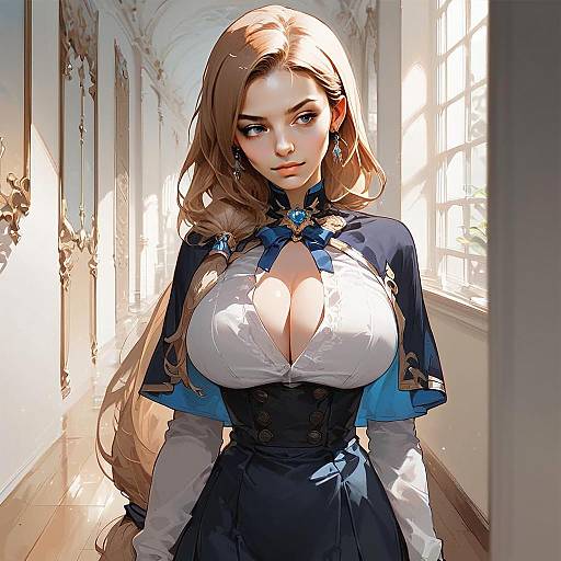Anime Style Fantasy Woman in Elegant Costume in Ornate Hallway