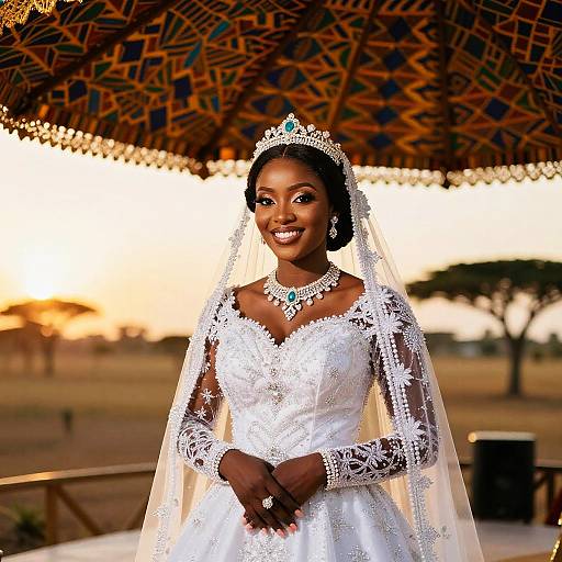 Elegant African Bride in White Lace Wedding Dress with Tiara at Sunset