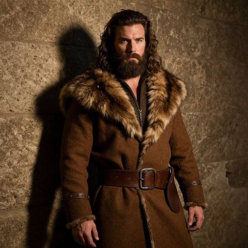 Bearded Man in Fur Collar Coat with Medieval Style Against Stone Wall