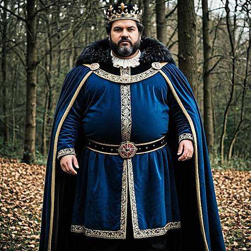 Plus Size Man in Dark Northern King Regal Costume with Crown in Forest