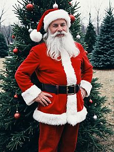 Man Dressed as Santa Claus Standing by Christmas Tree Outdoors