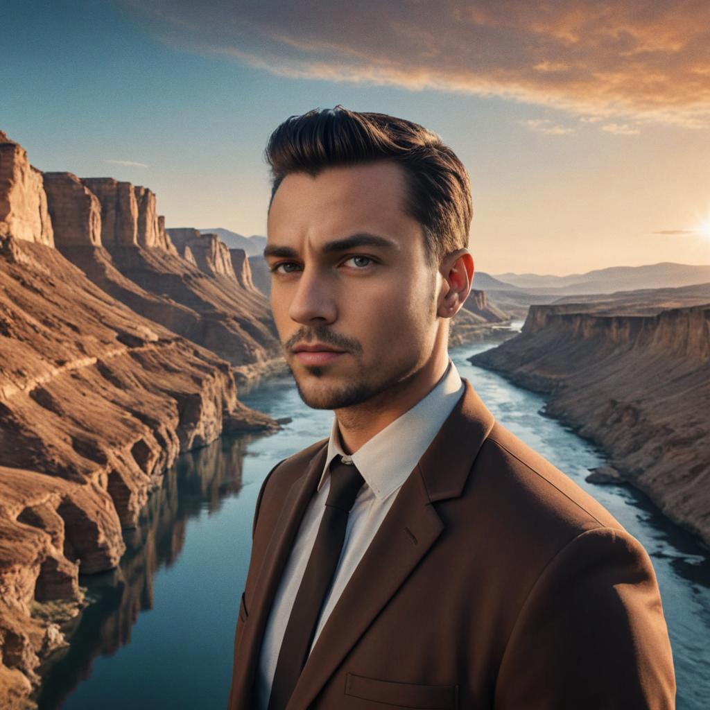 Stylish Man in Brown Suit at River Canyon Sunset