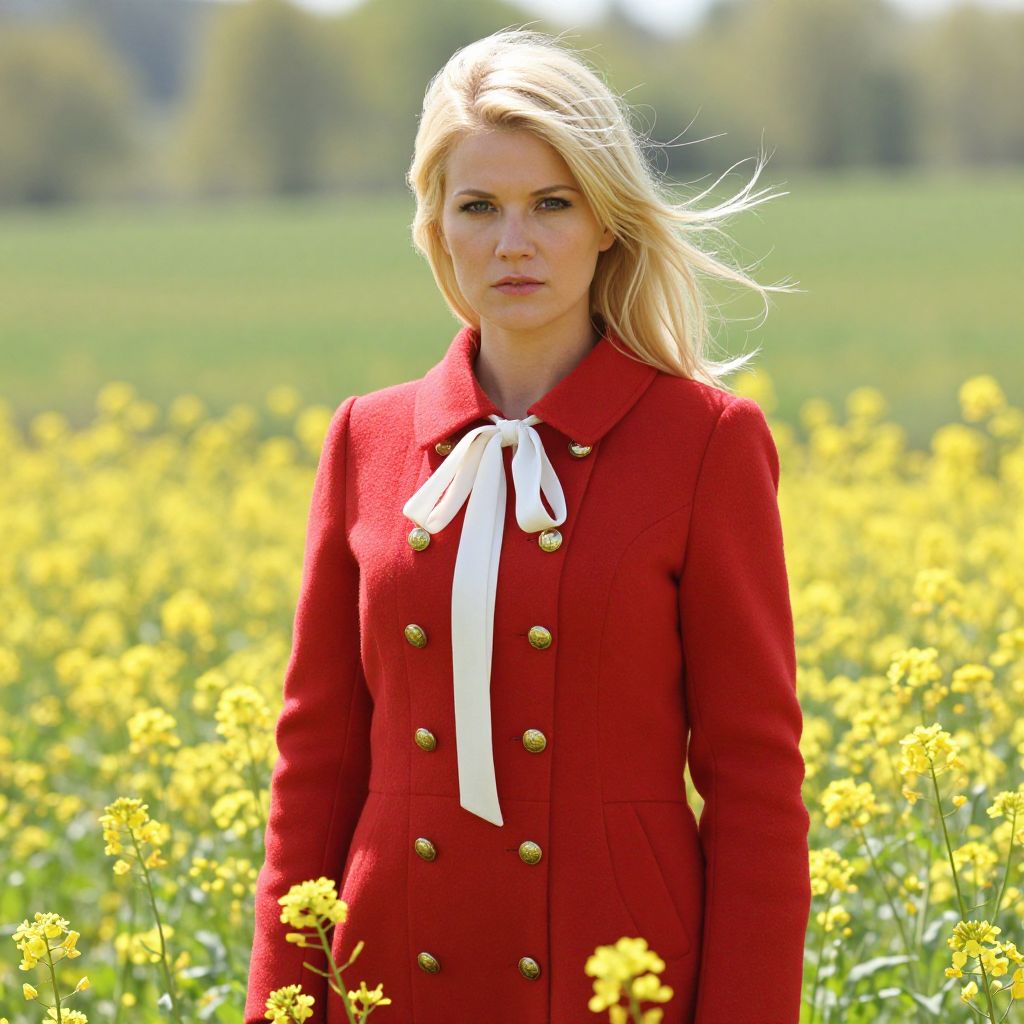 Woman in Red Coat Standing in Yellow Flower Field