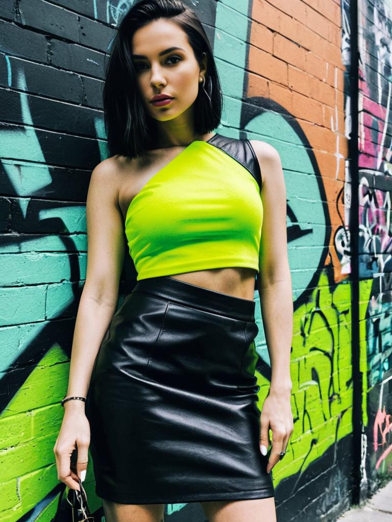 Street Style Woman in Neon Yellow Crop Top and Black Leather Skirt