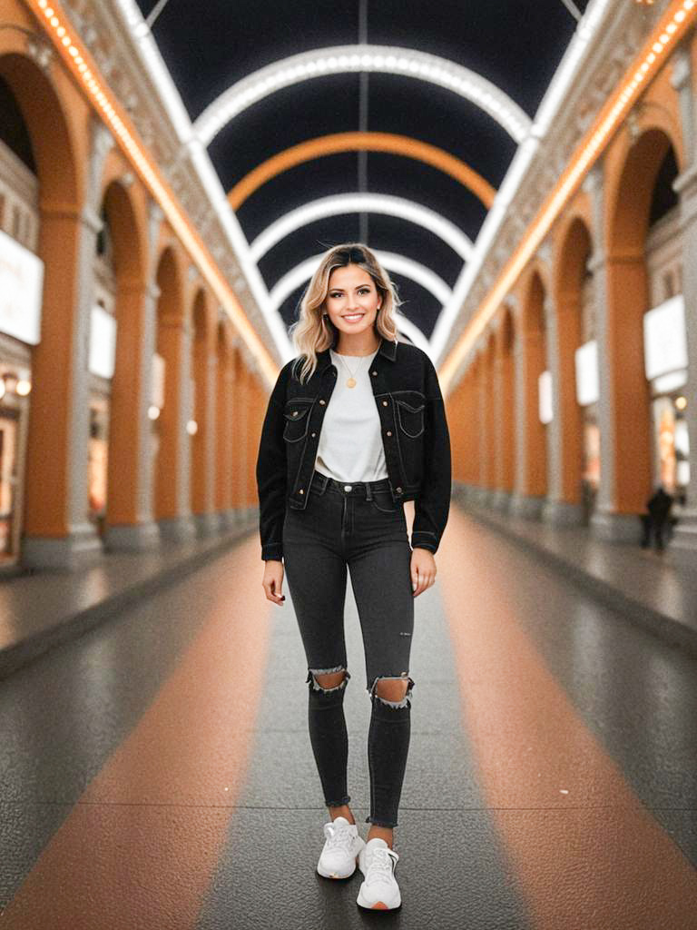 Stylish woman in black denim jacket at arcade