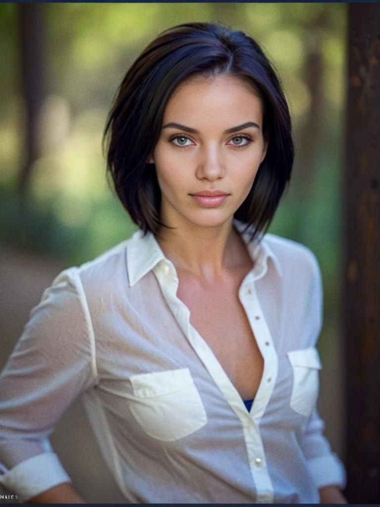 Close-up portrait of a young woman in a white shirt