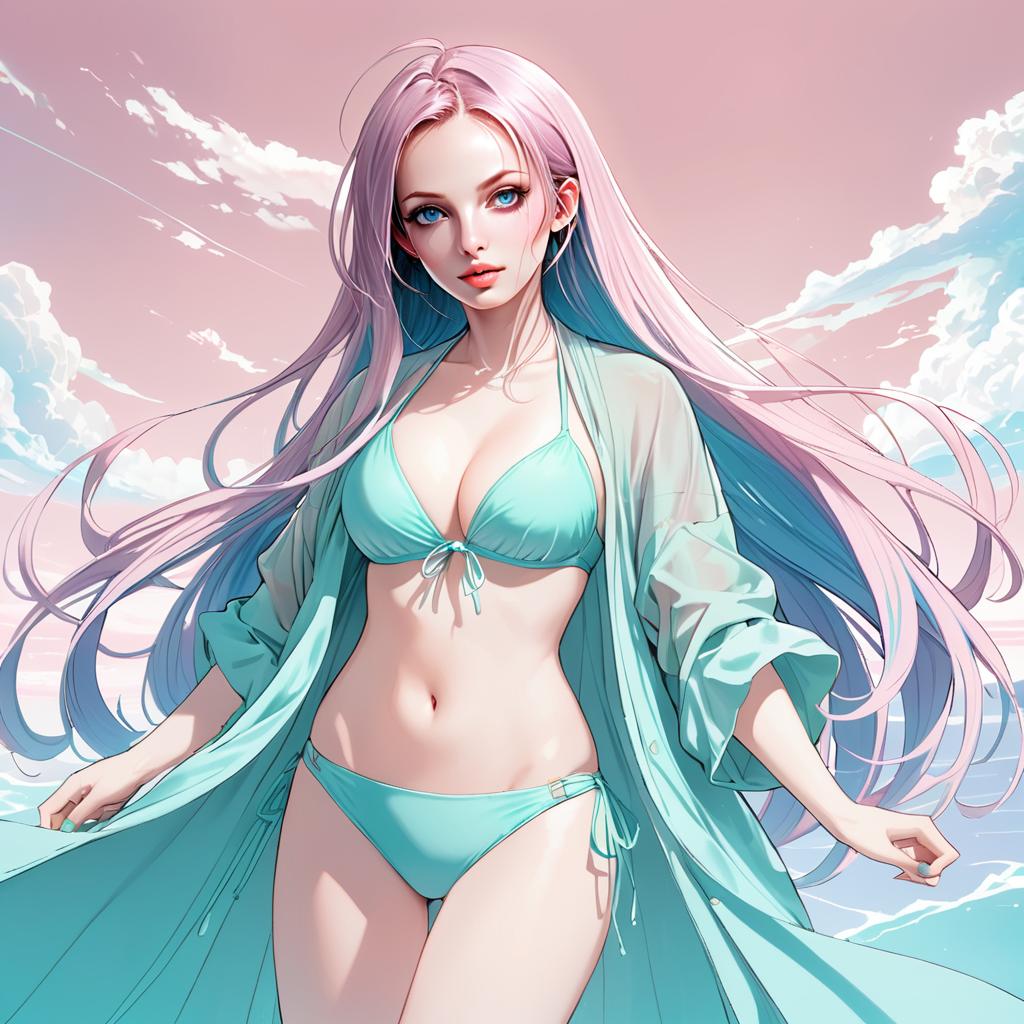 Anime Woman with Pink Hair in Turquoise Bikini
