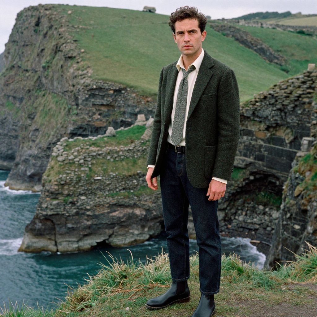 Man Standing on Coastal Cliff with Stone Ruins and Ocean View