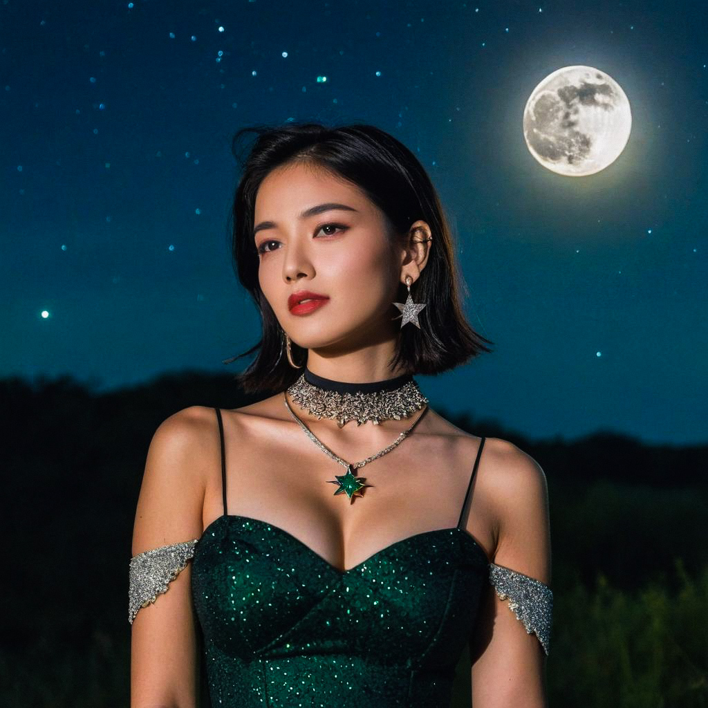 Confident Woman in Green Dress Under Full Moon Confident Woman in Green Dress Under Full Moon