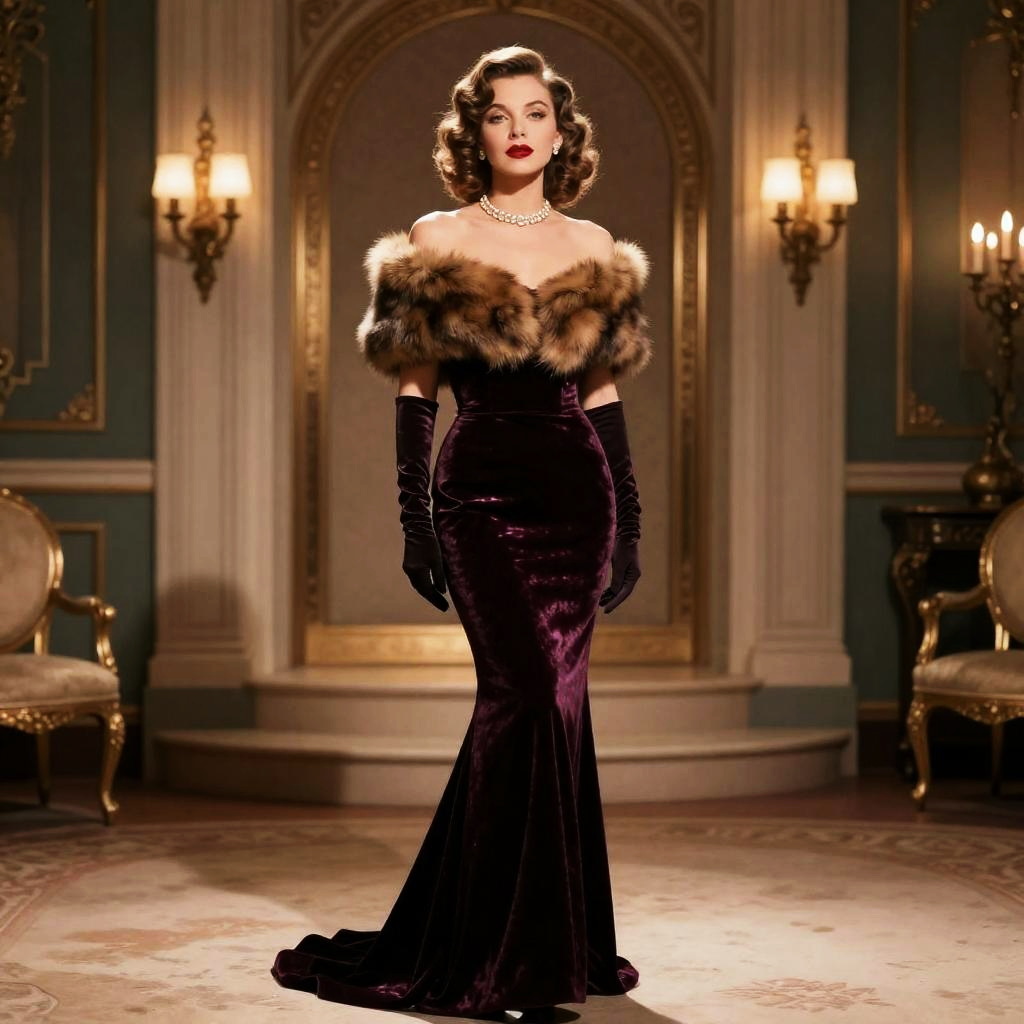 Elegant Woman in Vintage Purple Velvet Gown with Fur Stole and Gloves