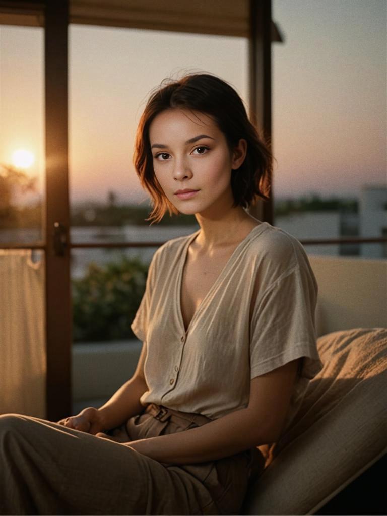 Woman on Balcony at Sunset in Analog Film Style