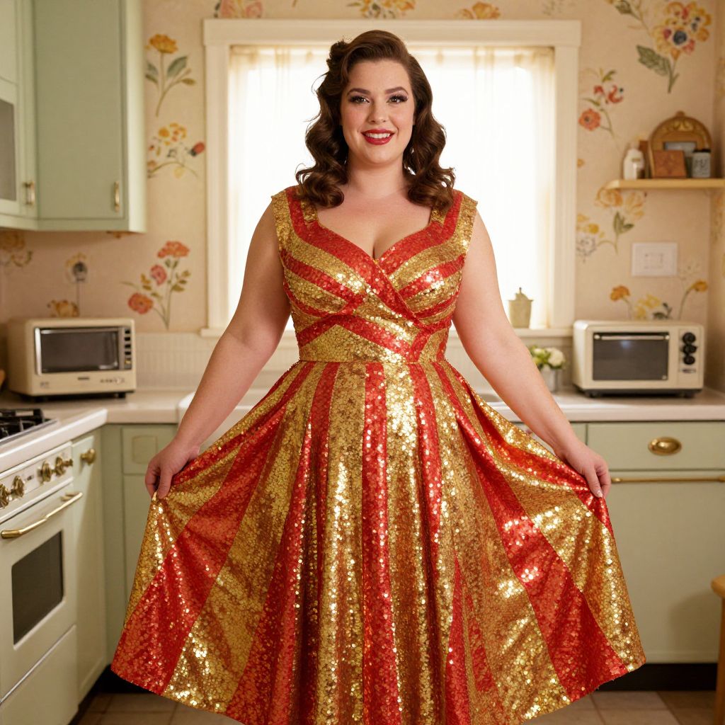 Woman Wearing Sparkling Red and Gold Striped Dress in Vintage Kitchen