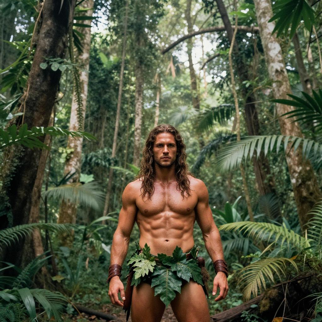 Muscular Man in Leaf Loincloth Standing in Dense Jungle