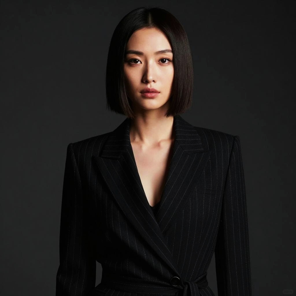 Confident Asian Woman in Modern Black Pinstripe Blazer Gen Z Style