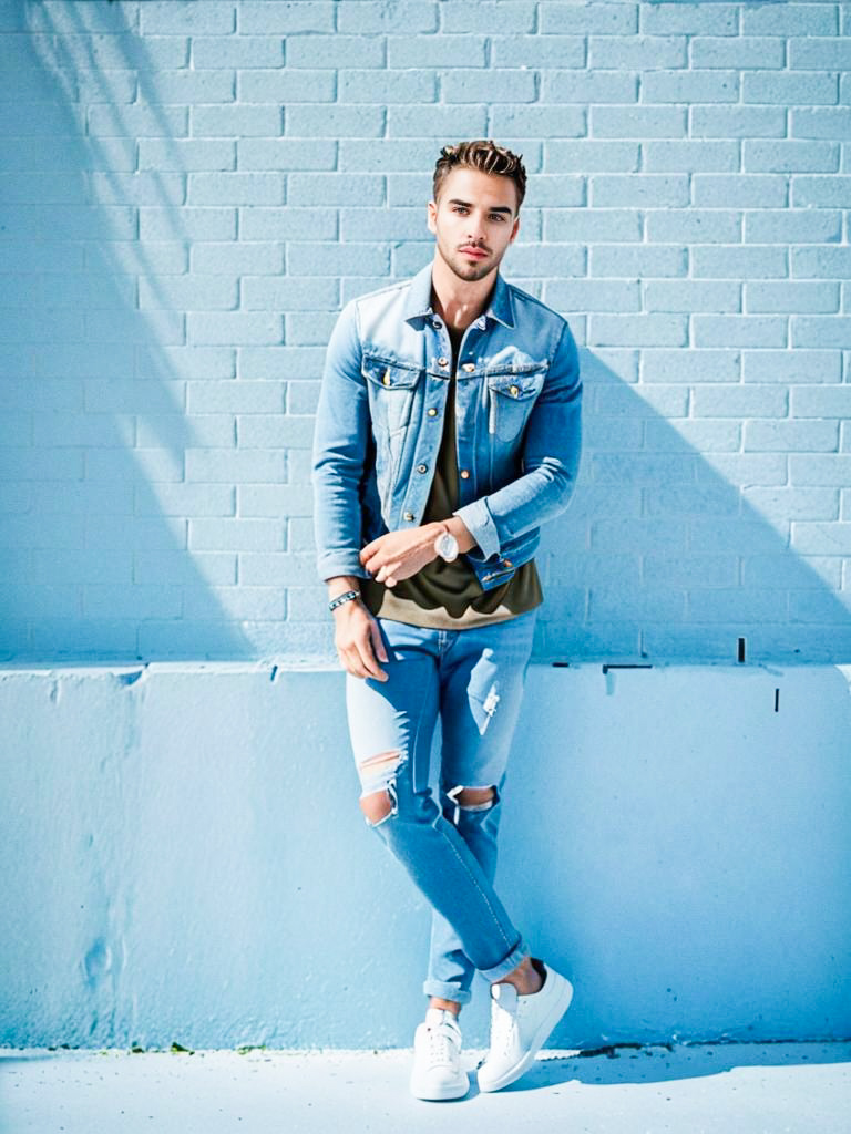 Stylish Young Man in Denim Jacket Against Blue Wall