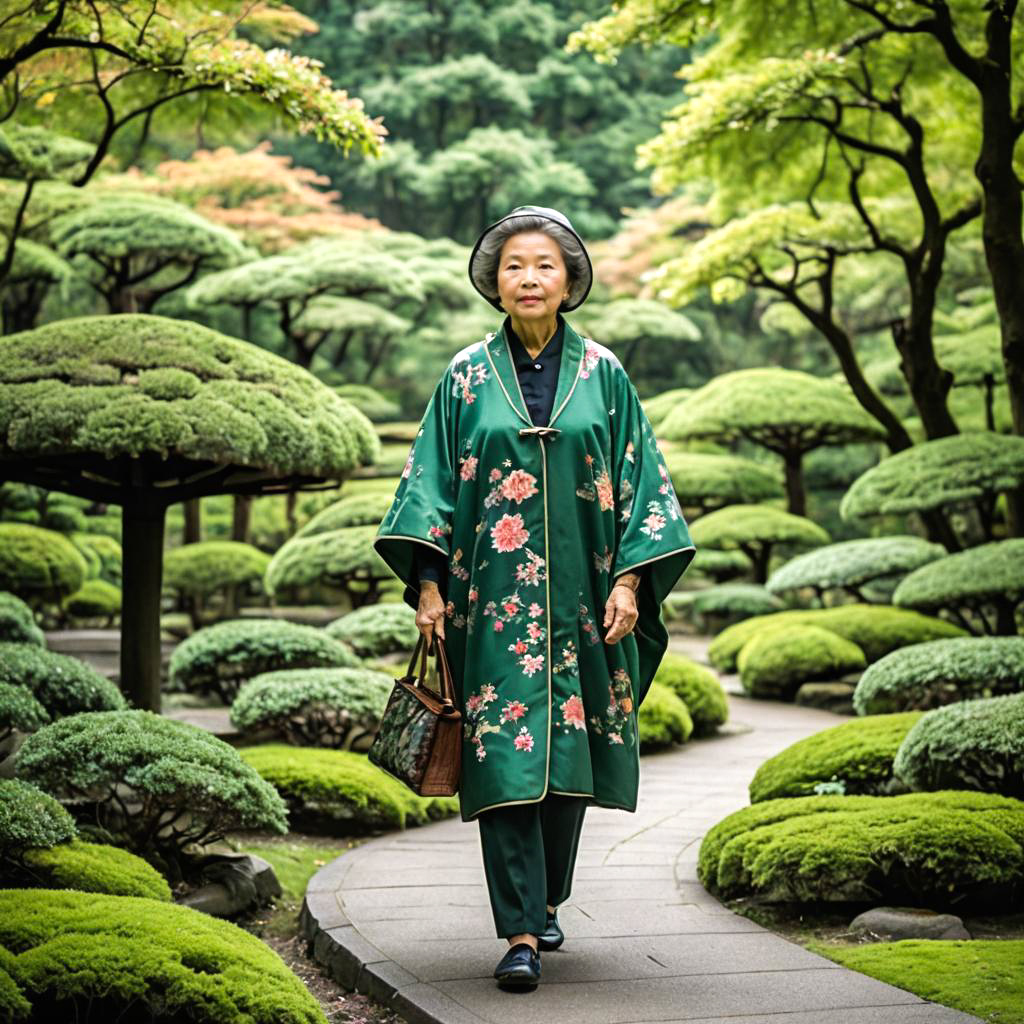 Elderly Woman in Elegant Kimono in Serene Garden