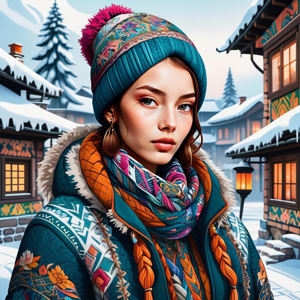 Stylized Winter Portrait of Woman in Vibrant Beanie and Scarf in Snowy Village