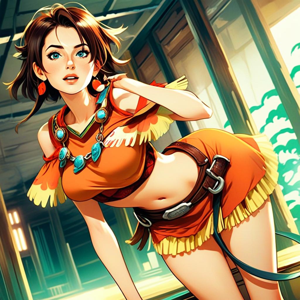 Anime Style Illustration of Woman in Orange Outfit with Turquoise Accessories