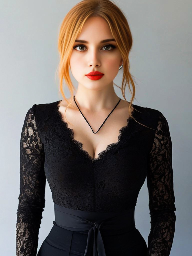 Elegant Woman in Black Lace Dress