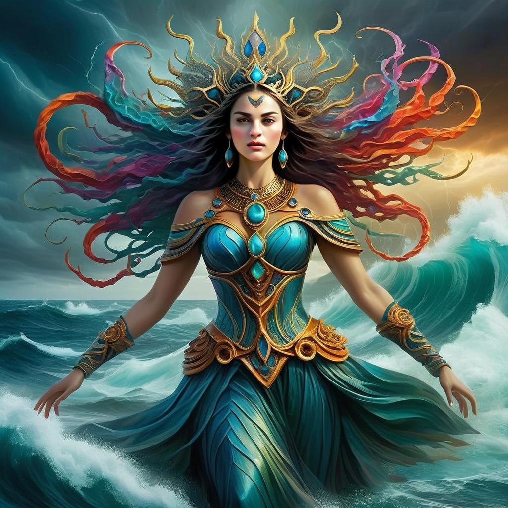 Powerful Woman in Mythic Armor Amid Stormy Waves